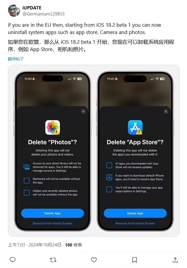 台儿庄苹果手机维修分享iOS 18.2 支持删除 App Store 应用商店 