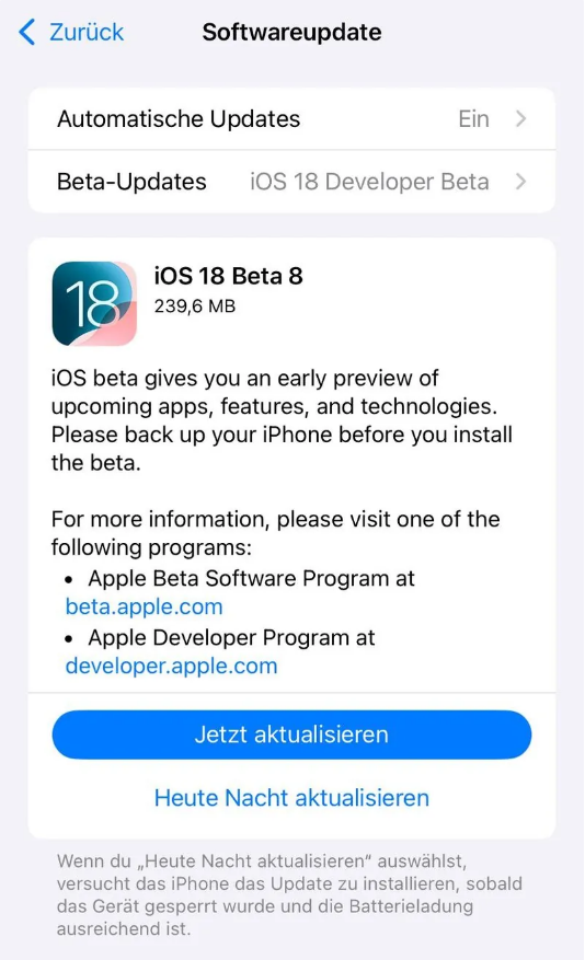 台儿庄苹果手机维修分享苹果 iOS / iPadOS 18 开发者预览版 Beta 8 发布 